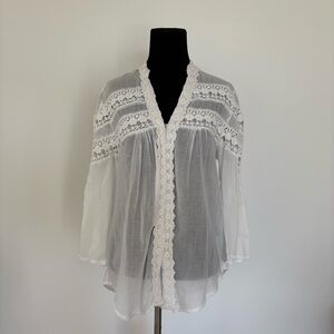 VINTAGE white sheer cotton lace blouse. cotton shirt eyelet / embroidered / lace
